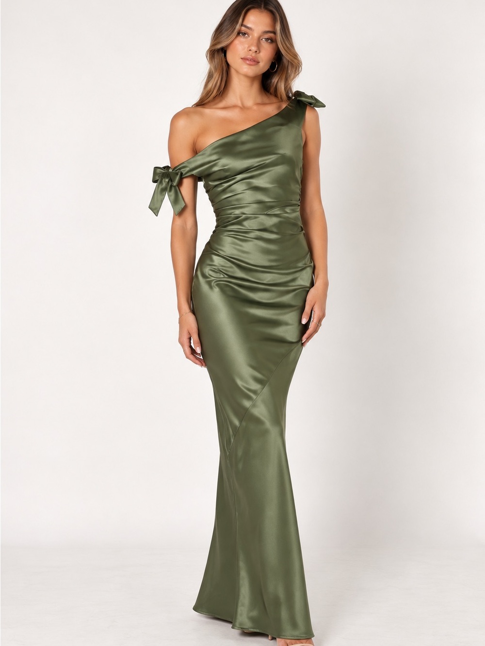Petal & Pup Olive One-Shoulder Satin Maxi Dress